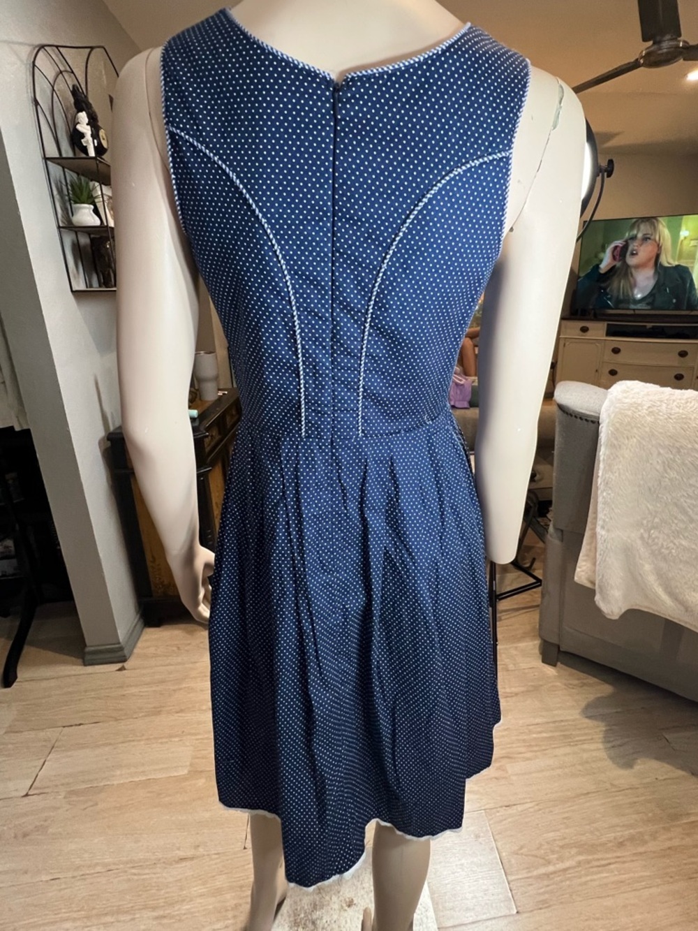 Navy Polka Dot Bavarian-Style Dress with Blue Ribbon - Picture 7 of 10